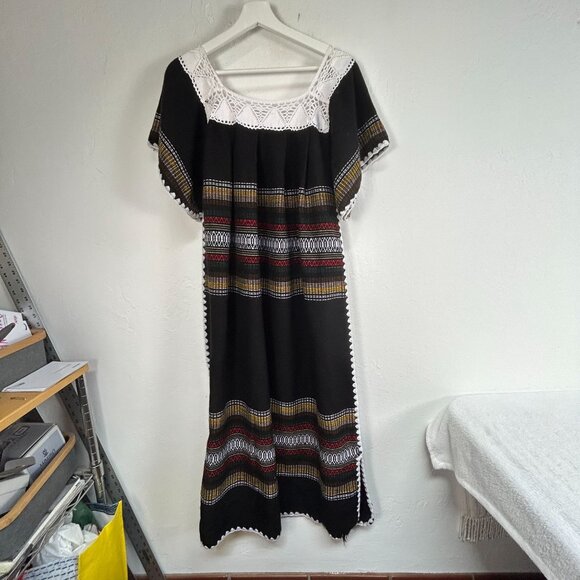 Women's Handmade Peruvian Ethnic Maxi Dress Black Multicolor Boho Folk Style - Picture 2 of 5